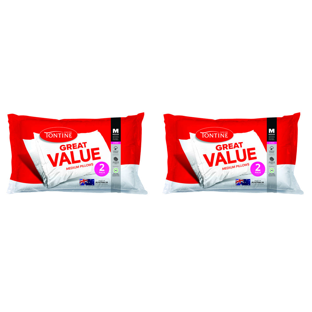 Tontine Great Value Sleeping Cotton Medium Pillows Pack 48x73cm White (4 Pieces)