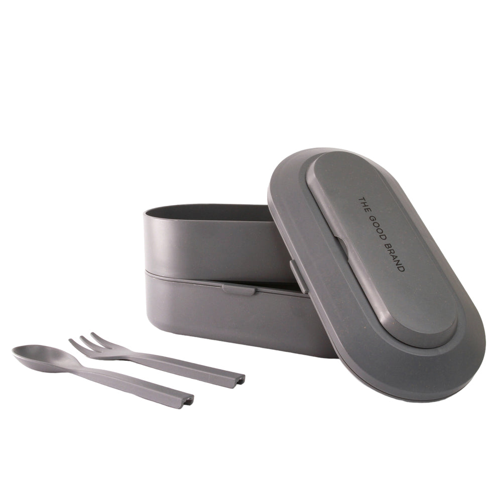 The Good Brand 2-Layer 12cm Wheat Straw Bento Box w/ Spoon & Fork Set Charcoal