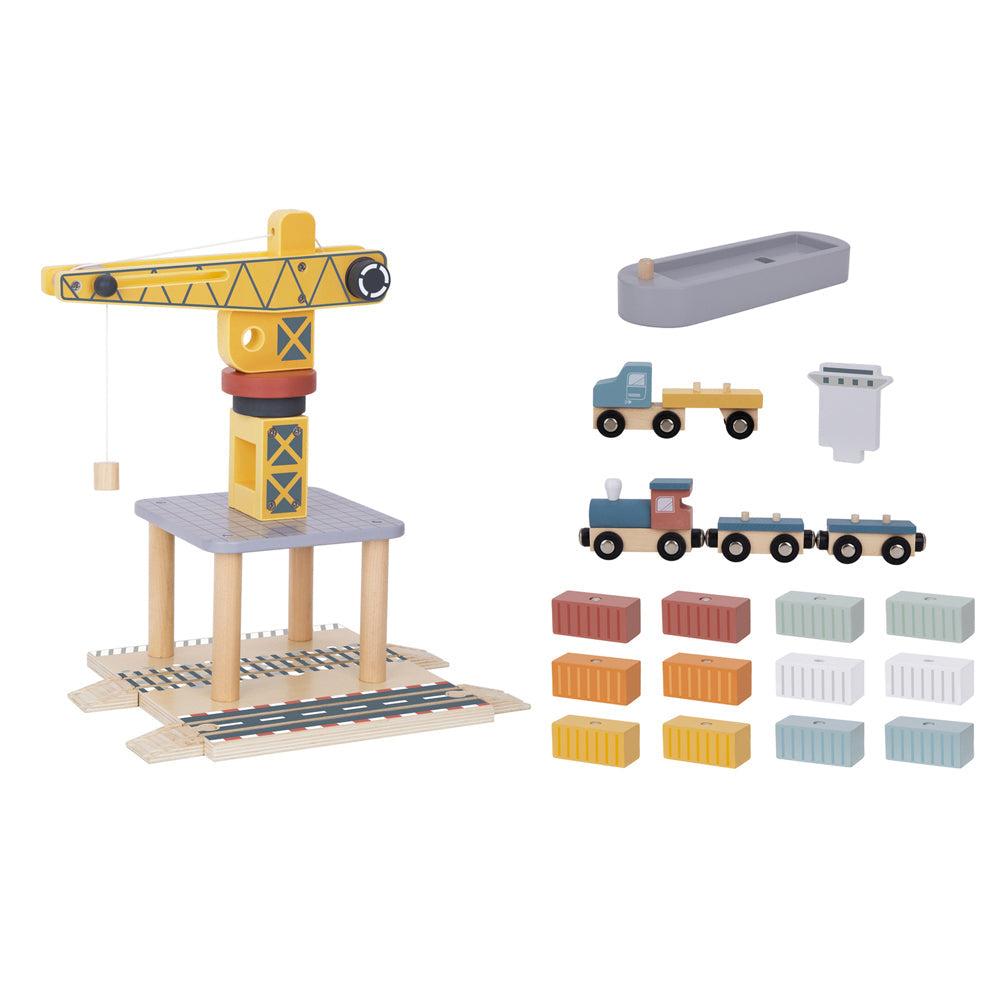 Tooky Toy Port Crane Cargo Wooden Toy Building Block Kids/Children Set 3+ (24 Pieces)