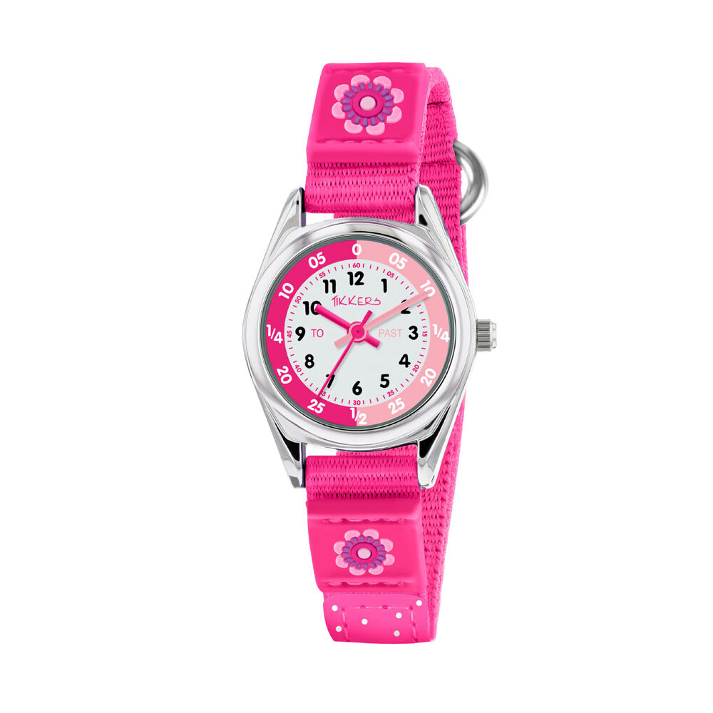 Tikkers Time Teacher Flower Silicone Watch w/ Canvas Straps - Bright Pink