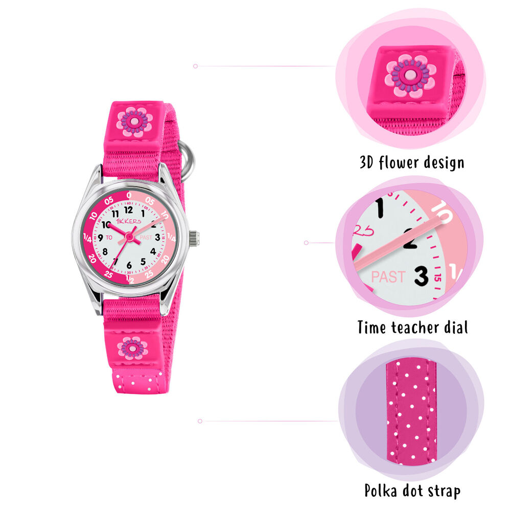 Tikkers Time Teacher Flower Silicone Watch w/ Canvas Straps - Bright Pink — image 3
