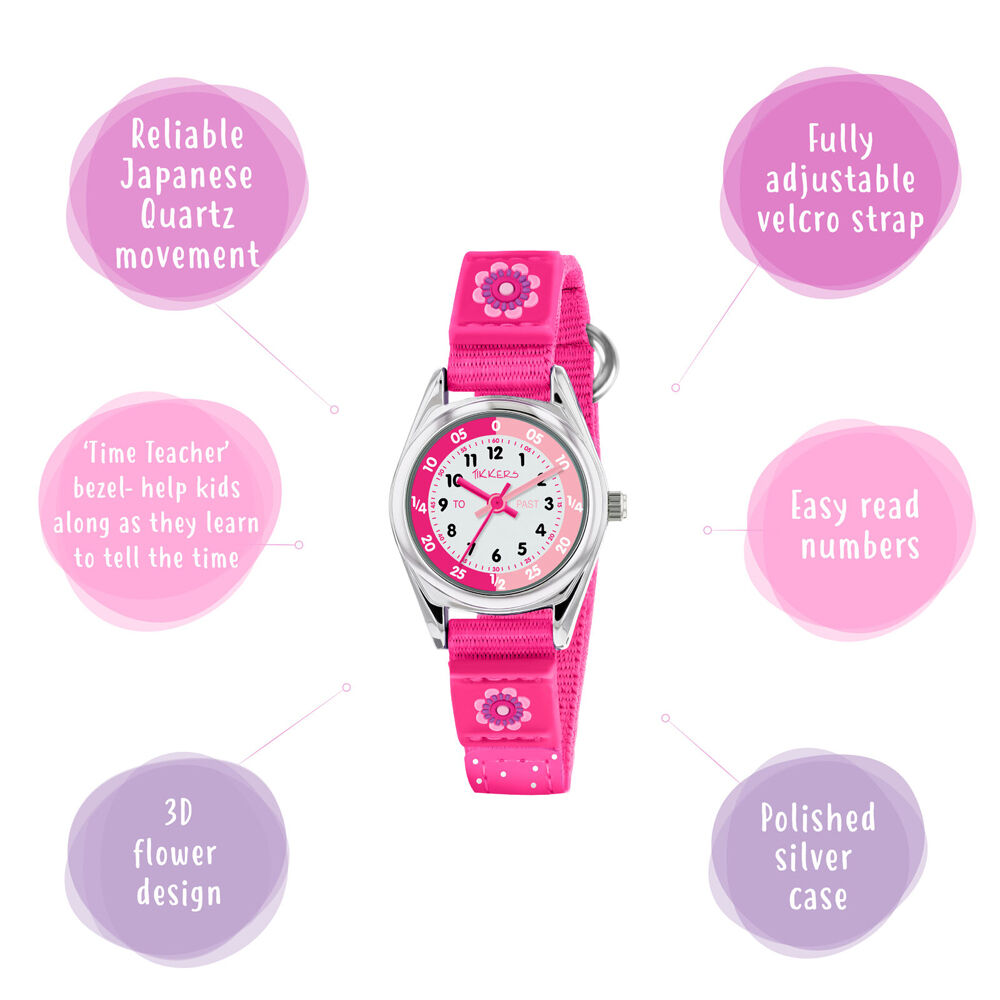 Tikkers Time Teacher Flower Silicone Watch w/ Canvas Straps - Bright Pink — image 4