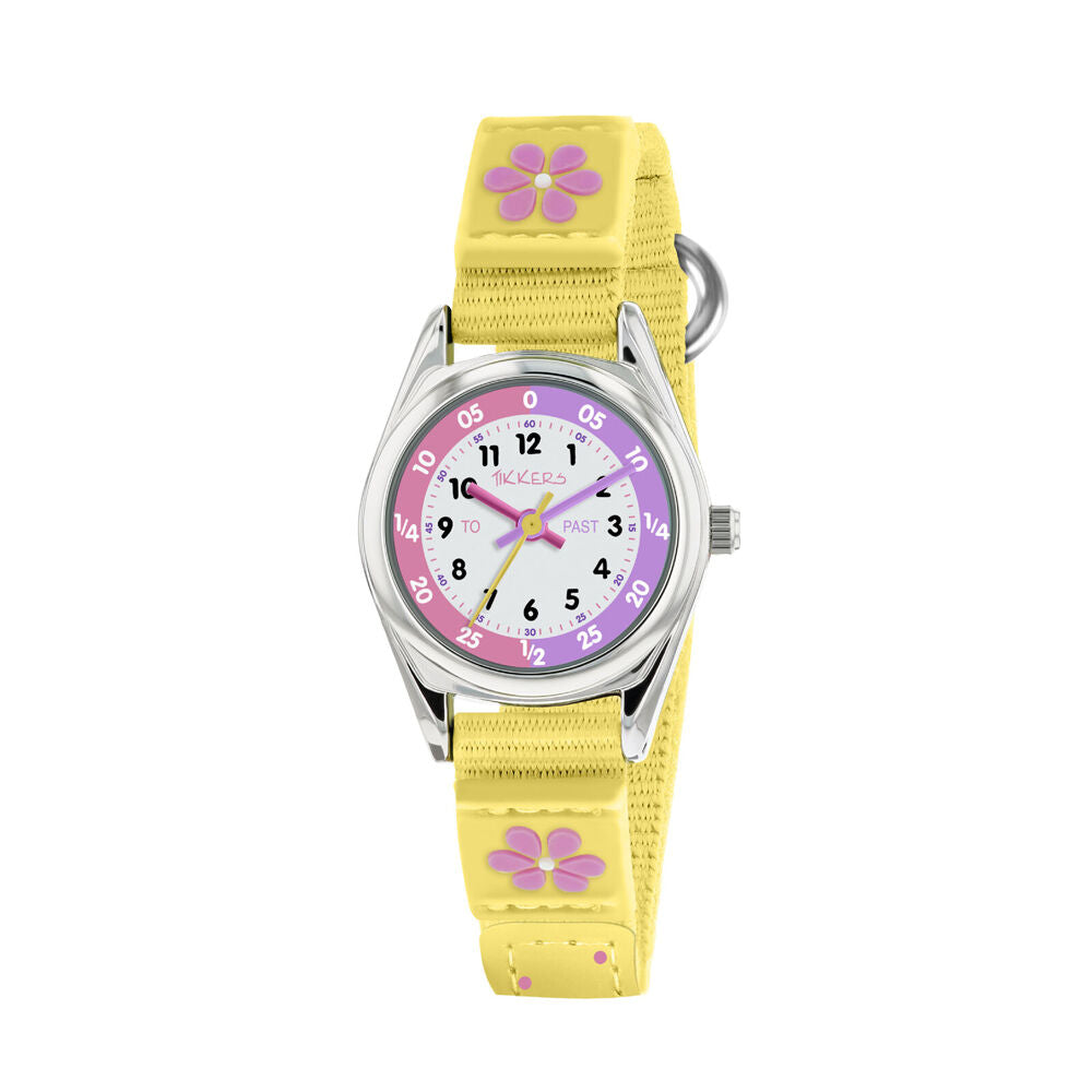 Tikkers Time Teacher Flower Dial Silicone Watch with Canvas Straps - Yellow