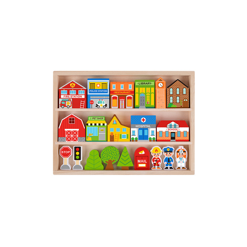 Tooky Toy 21pc Town Play Set Wooden Case Kids Pretend Playset Toys