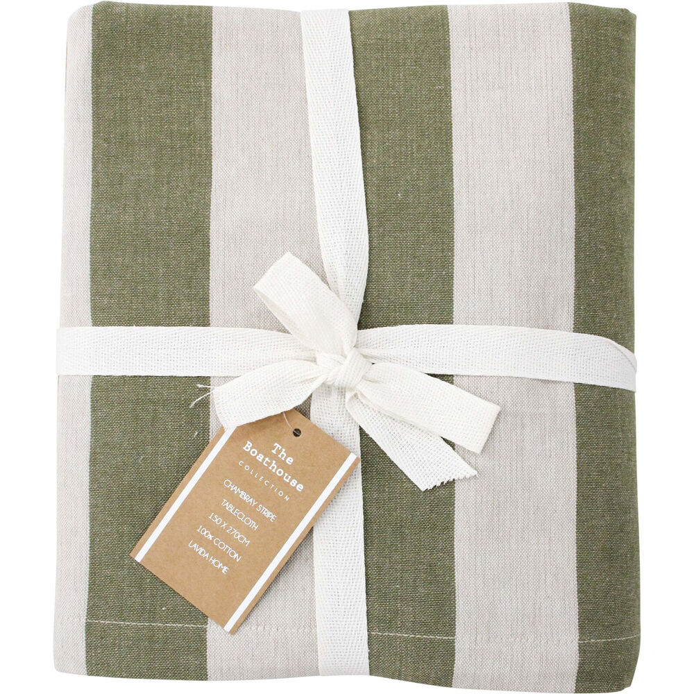 LVD 150x270cm Stripes Stonewashed Chambray Cotton Tablecloth — Olive Green