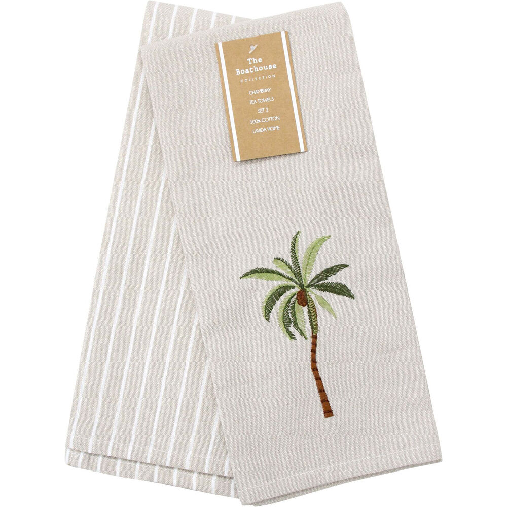 LVD Stonewashed Chambray Cotton Teatowel Palm Tree Set 45x70cm Natural (2 Pieces)