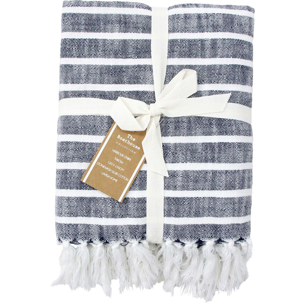 LVD 120x150cm Navy Blue Stonewashed Cotton Harbour Stripe Throw Blanket
