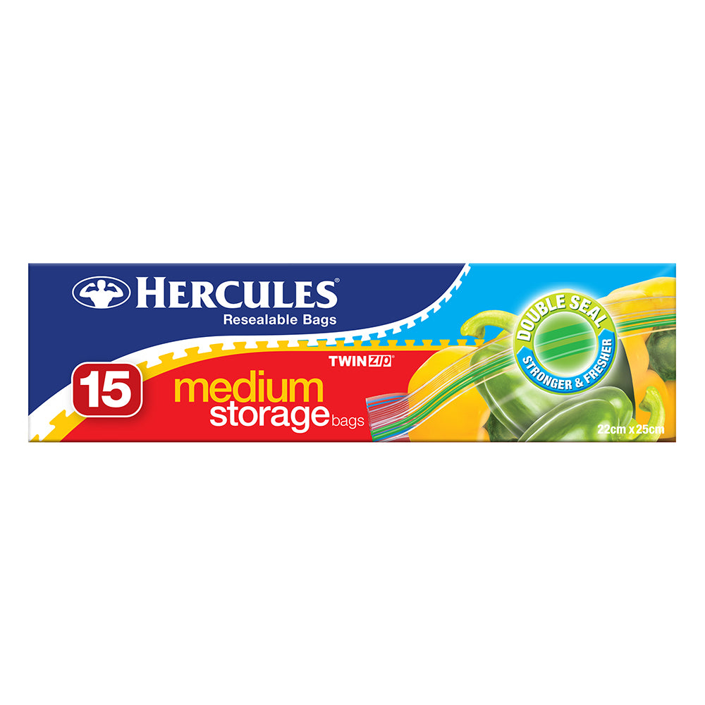 Hercules Twin Zip Storage Seal Bags Resealable Double Zipper Food Bag (15 Pieces) — Medium