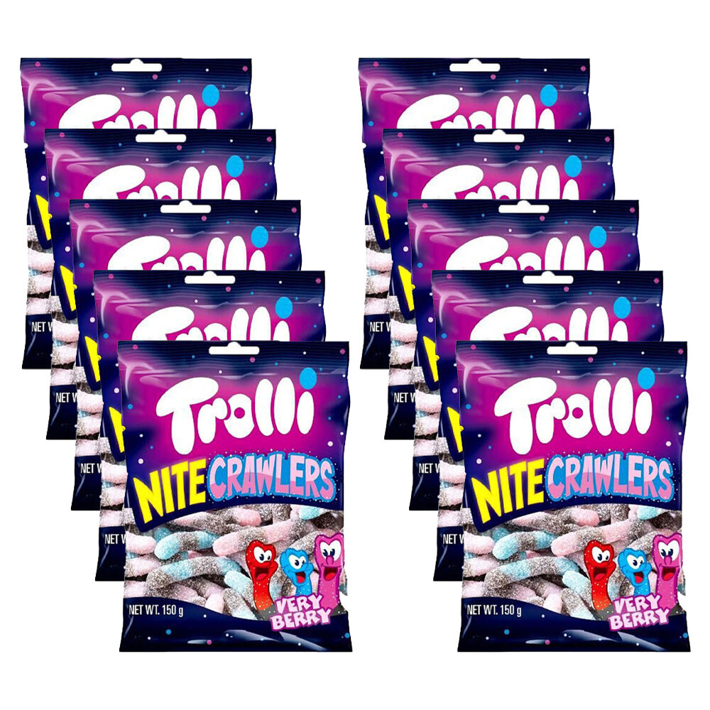 Trolli Nite Crawlers Fruit-Flavoured Sour Worm Gummy Lollies 150g (10 Pack)