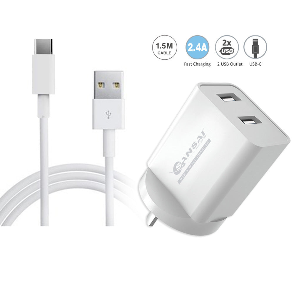 Sansai Dual USB Wall Charger w/USB C Charging Cable White (2 Pack) — image 2