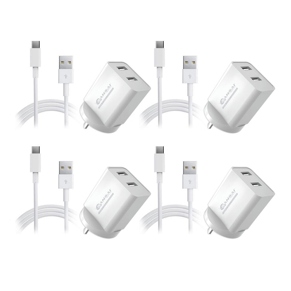 Sansai Dual USB Wall Charger w/USB C Charging Cable White (4 Pack)