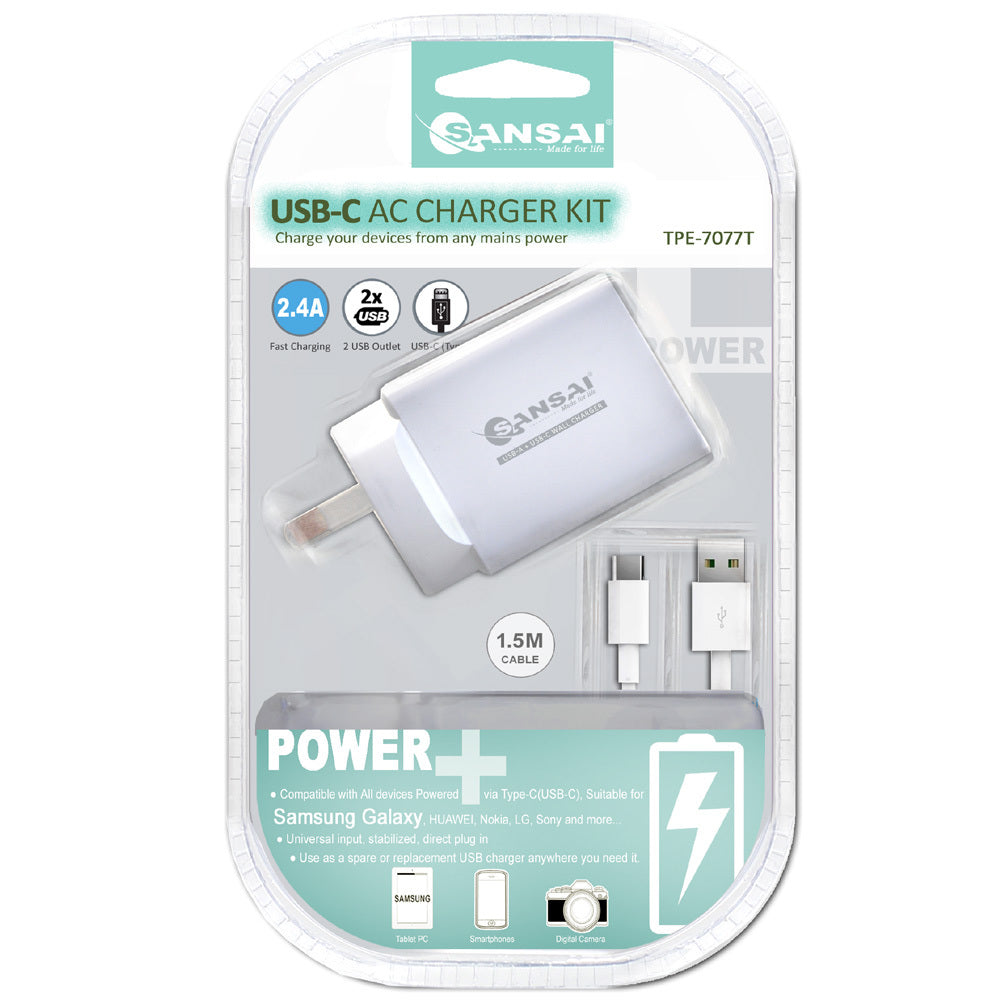 Sansai Dual USB Wall Charger w/USB C Charging Cable White — image 3
