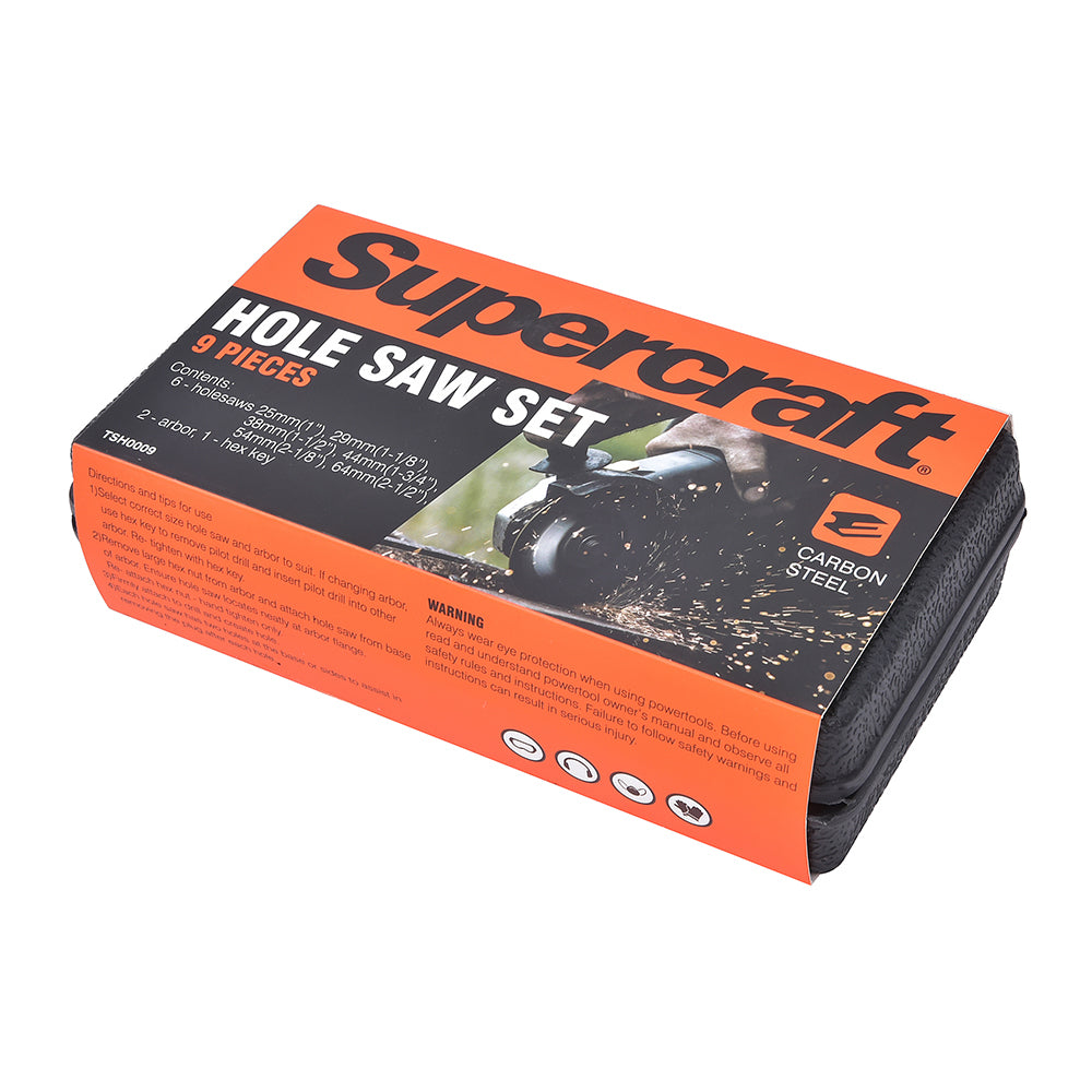Supercraft Holesaw Drill Bit Set 25-64mm Sized Carbon steel With Carry Case (9 Pieces)