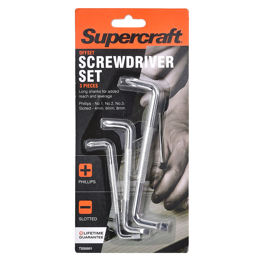 Supercraft Chrome Long Shank Philips/Slotted Screwdriver Offset Set Home DIY (3 Pieces)