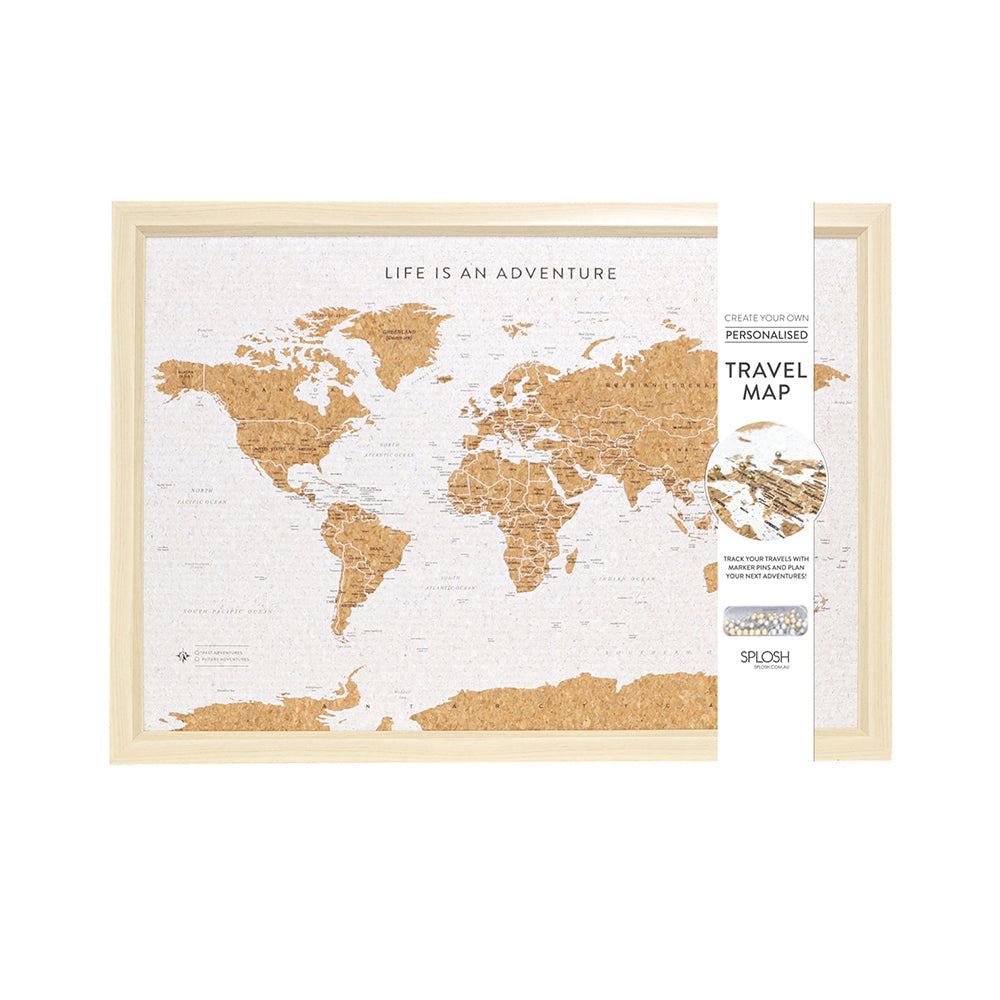 Splosh Travel Framed Cork Board World Map Wall Decor With Hook Pins & Stand Small 53.5cm