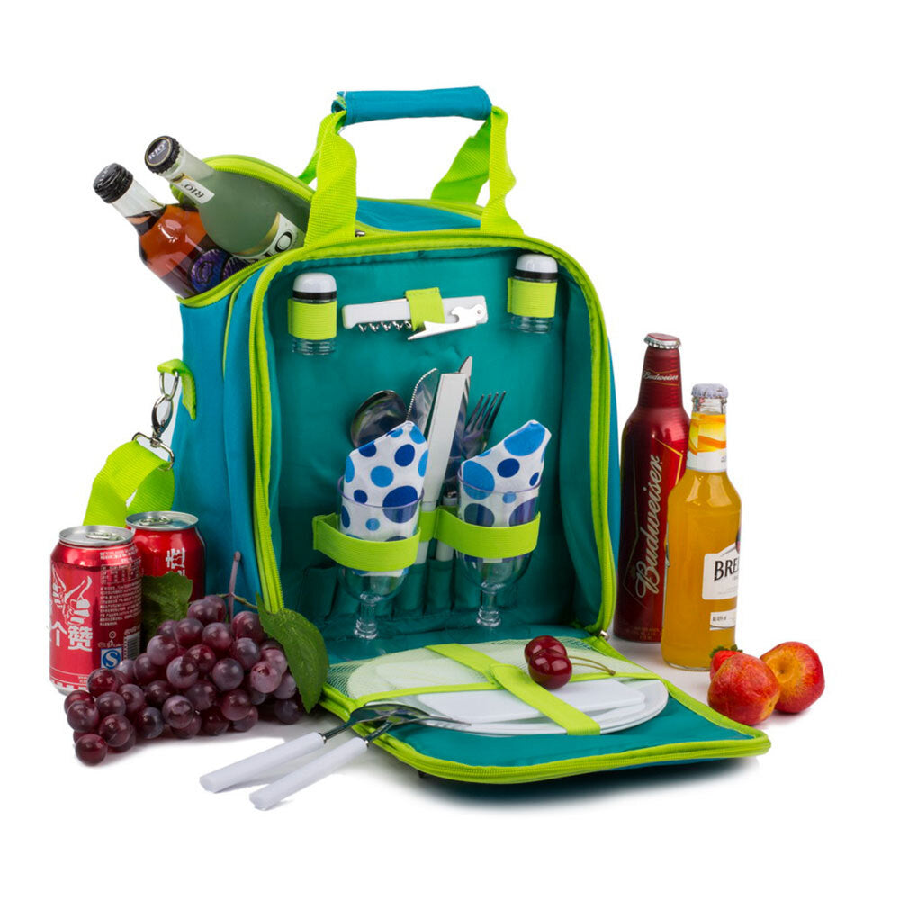 Mak1 2 Person Picnic Shoulder Bag Set/Wine Glasses/Knives/Forks/Spoons Green — image 2