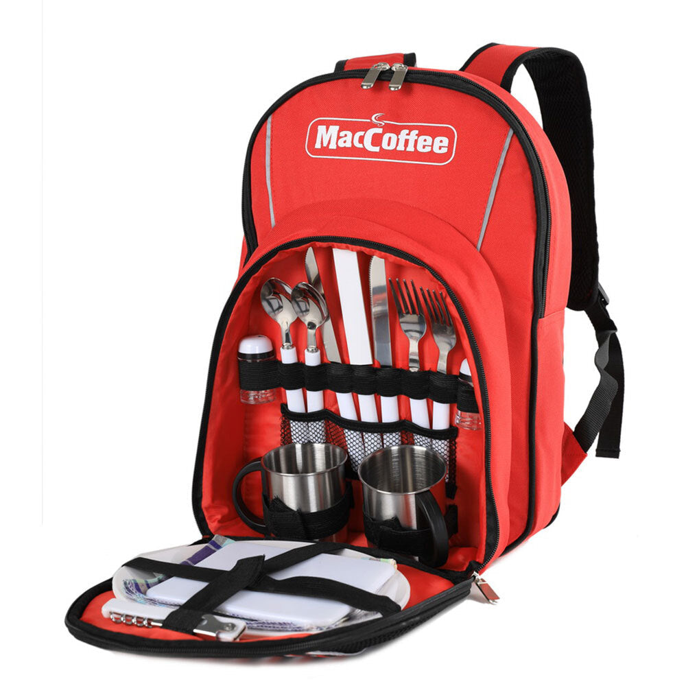 Mac Coffee Red Backpack/Bag 2 Person Picnic Mugs/Cutlery/Knives/Forks Set Red