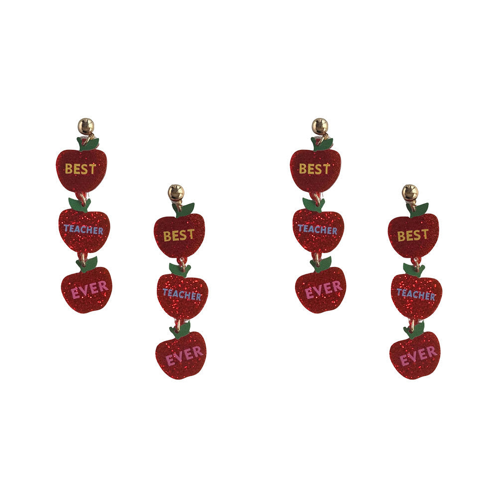 Urban Pop Best Teacher Ever Sparkling Apples Dangling Stud Earrings Red (2 Pack)