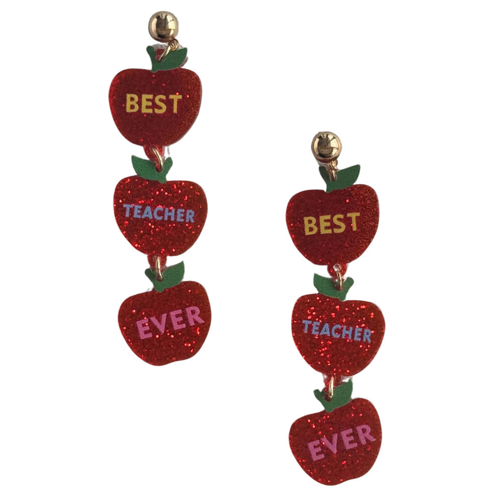 Urban Pop Best Teacher Ever Sparkling Apples Dangling Stud Earrings Red (2 Pack) — image 2