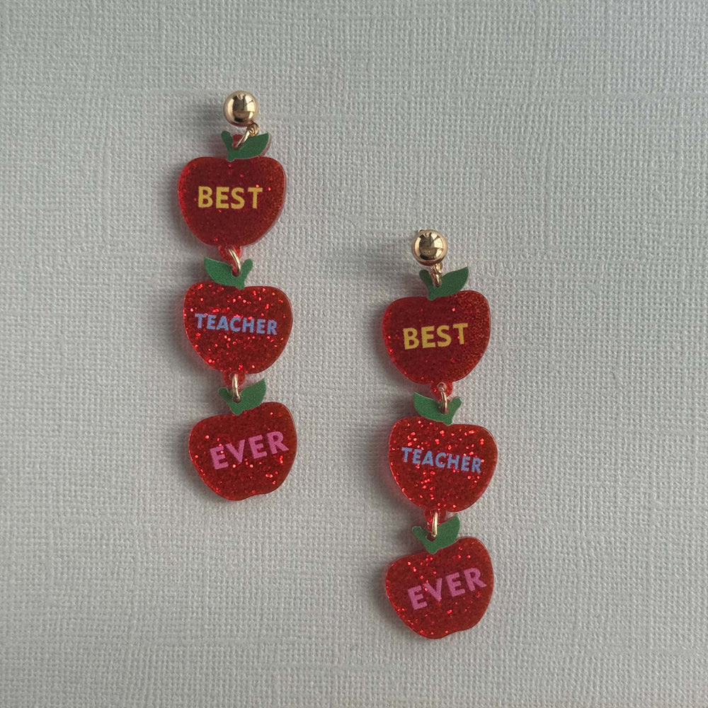 Urban Pop Best Teacher Ever Sparkling Apples Dangling Stud Earrings Red (2 Pack) — image 3