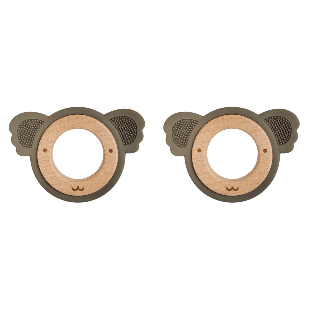 Urban Koala 8cm Silicone/Wood Teether Ring Baby/Infant Feeding Green/Natural (2 Pack)