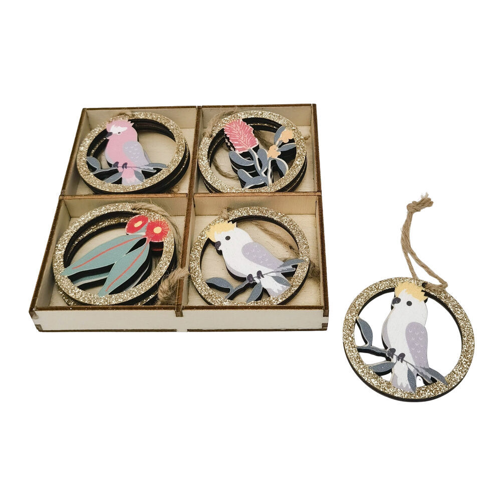 Urban Oz Birds Flowers Christmas DecorationGift Box 6cm Green/Gold (8 Pieces)