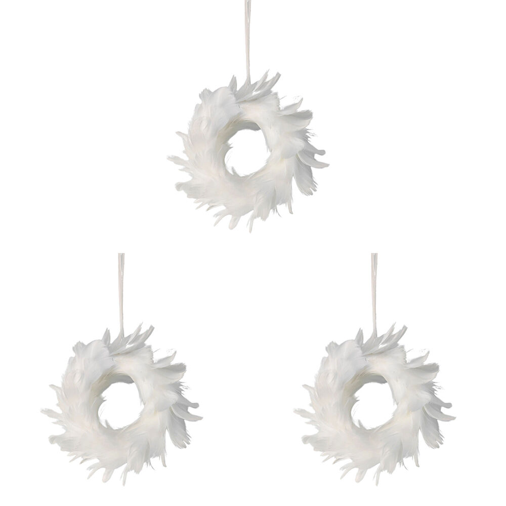 Urban Elegant Feather Wreath Hanging Decoration 14cm White/Gold (3 Pack)