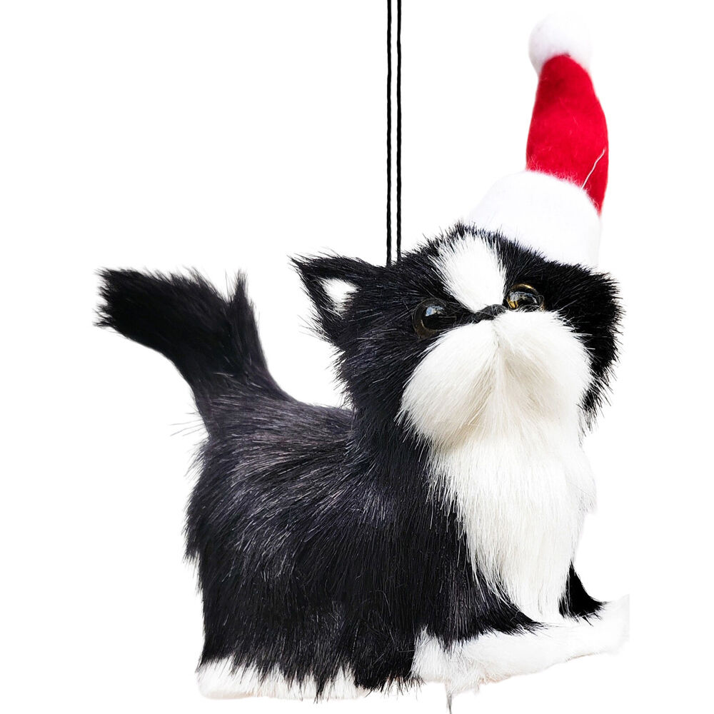 Urban 9cm Black Cat with Christmas Hat Hanging Tree Decoration