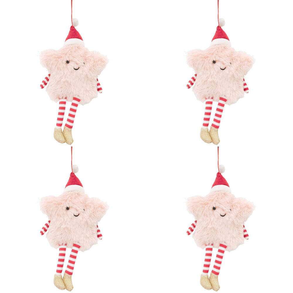 Urban Fluffy Fabric Star Hanging Christmas Decoration 19cm Pink (4 Pack)