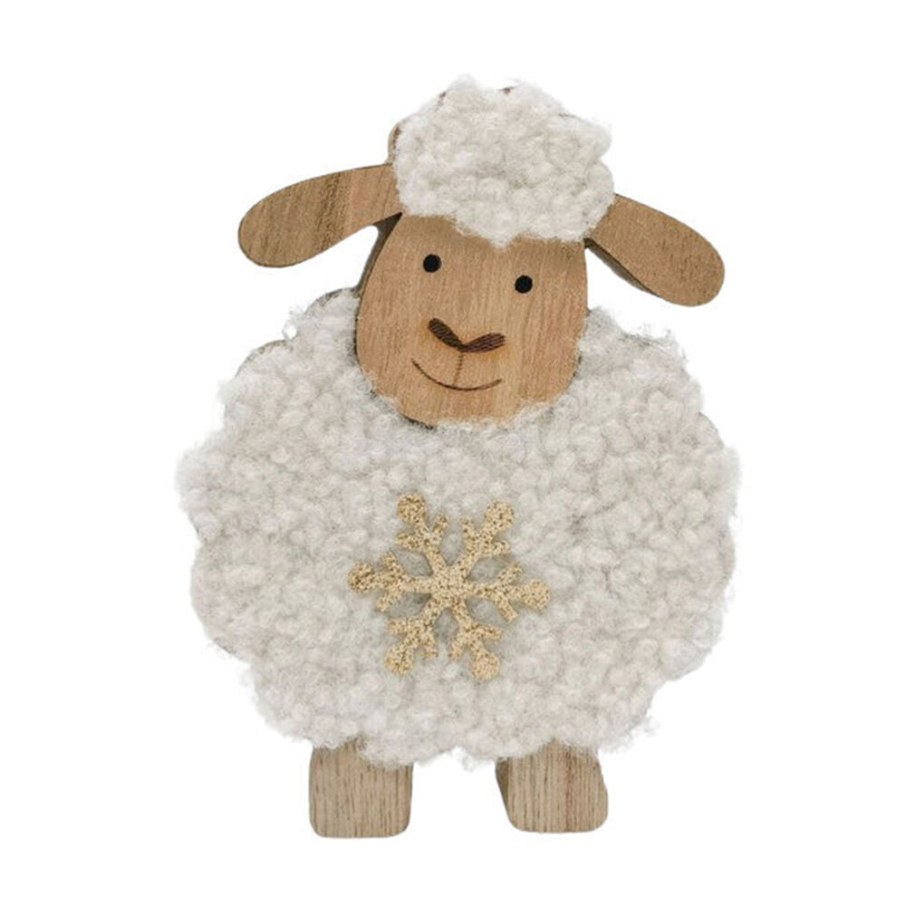 Urban 14cm White Fluffy Wooden Sheep Standing Christmas Decoration