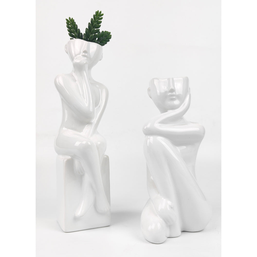 Urban Emerson 32cm Sitting Lady Ceramic Flower Vase Decorative Display White — image 2