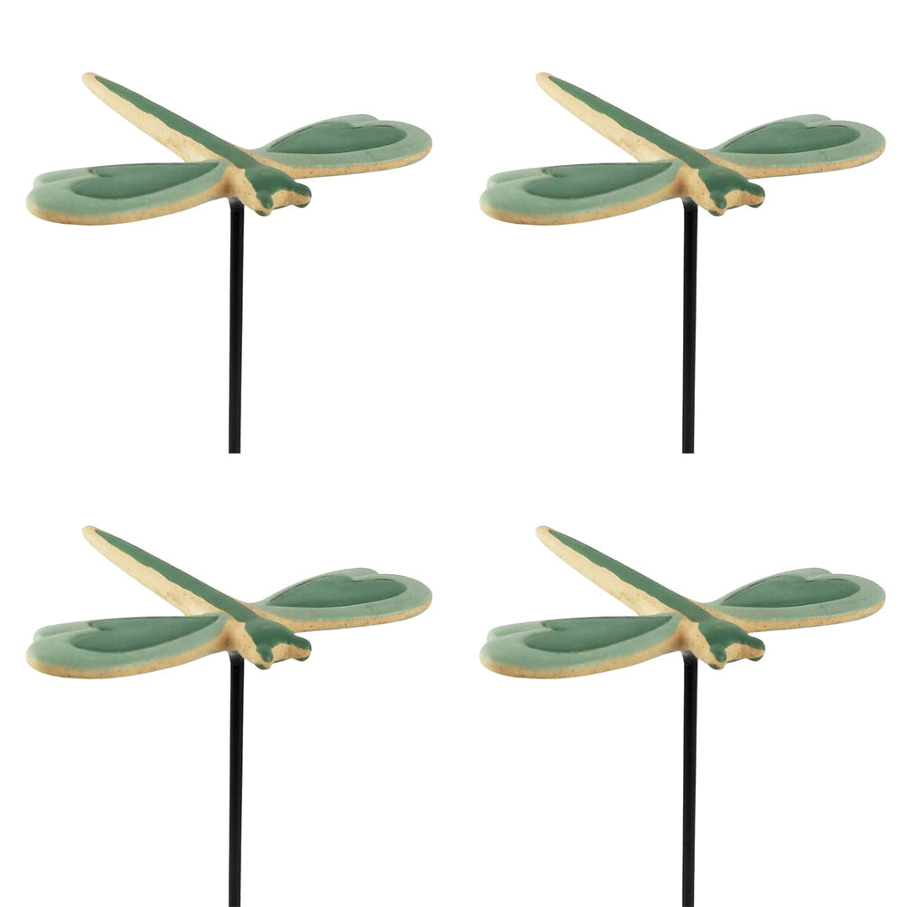 Urban 26cm Dragonfly Ceramic Garden Charm on Stick Plant Pot Display Sage (4 Pack)