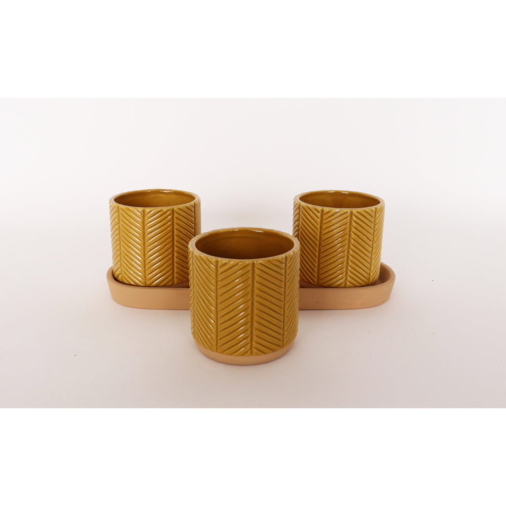 Urban Zari 8cm Ceramic Planter w/ Saucer Flower/Plant Pot Home Decor Mustard (3 Pieces) — image 3