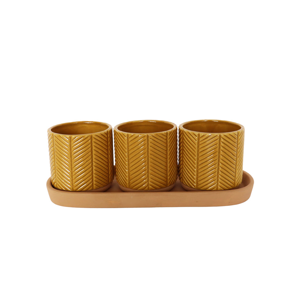 Urban Zari 8cm Ceramic Planter w/ Saucer Flower/Plant Pot Home Decor Mustard (3 Pieces)