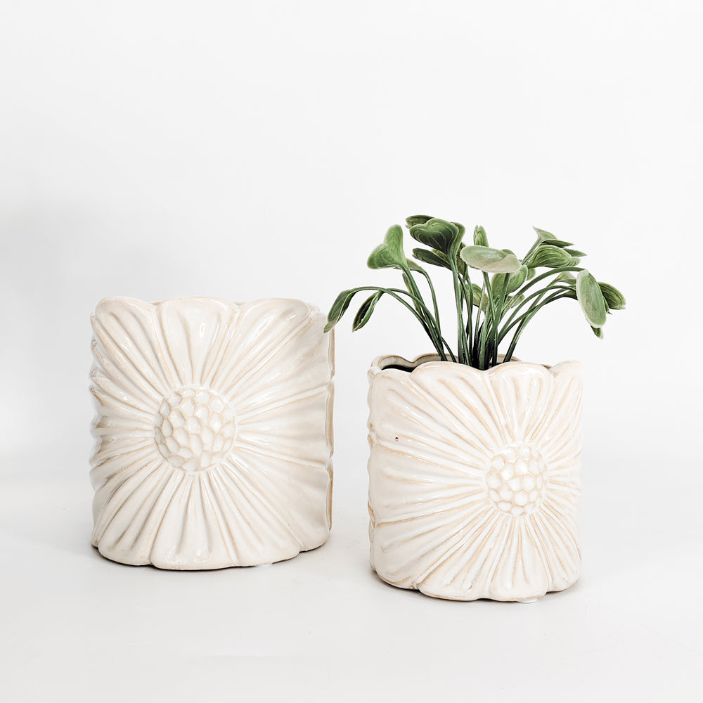 Urban Products Daisy Themed Plant Pot Home Garden Decor Planter White 11cm — image 2