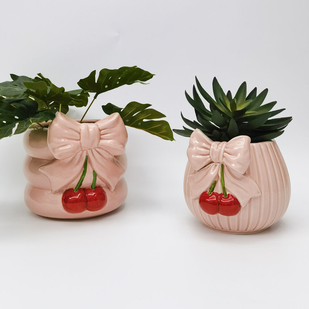 Urban Cherry Bow Ceramic Planter Flower Plant Pot Home Decor 19cm Pink/Red (2 Pack) — image 4