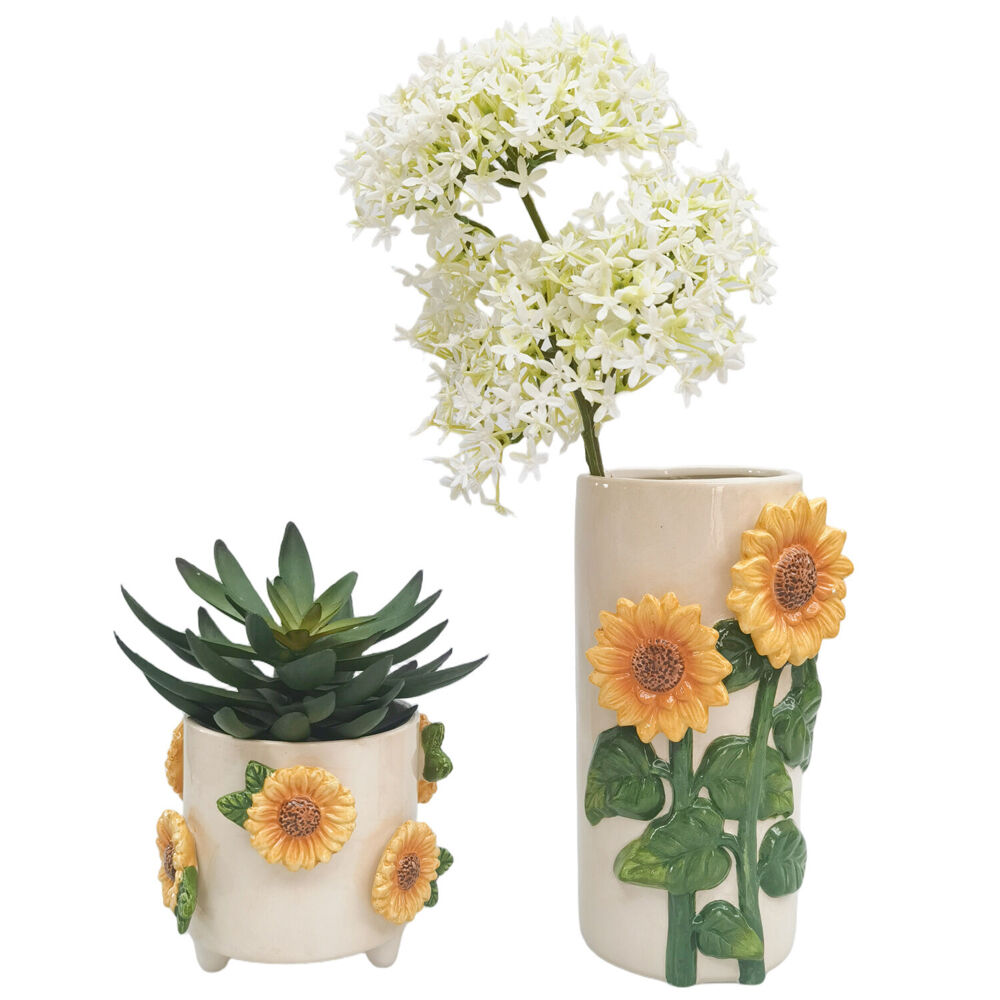Urban 22x11cm Beige/Yellow Ceramic Sunflower Home Decor Flower Vase — image 2