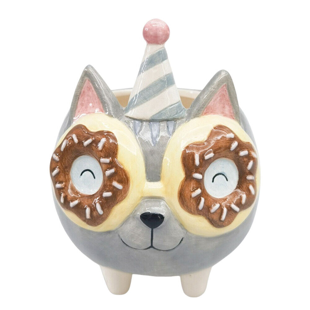 Urban 15cm Grey Ceramic Donut Cat Outdoor Garden Planter Pot