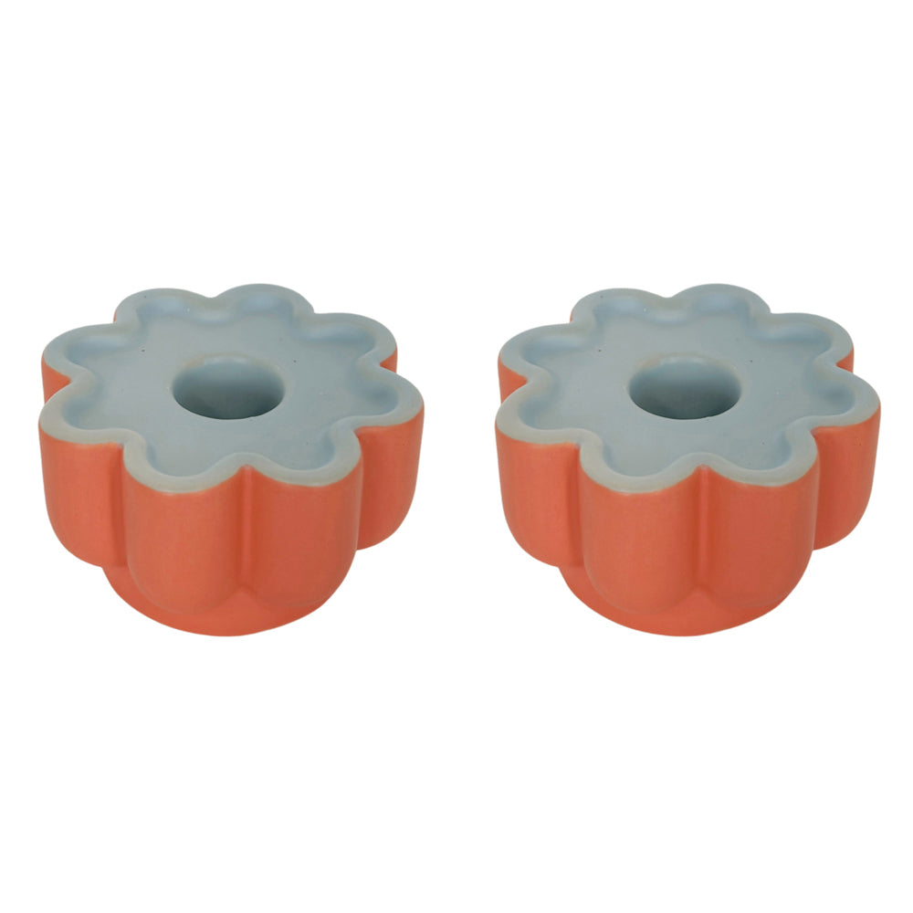 Urban Products 8cm Ceramic Groovy Flower Candle Holder Decor Stand Blue/Pink (2 Pack)