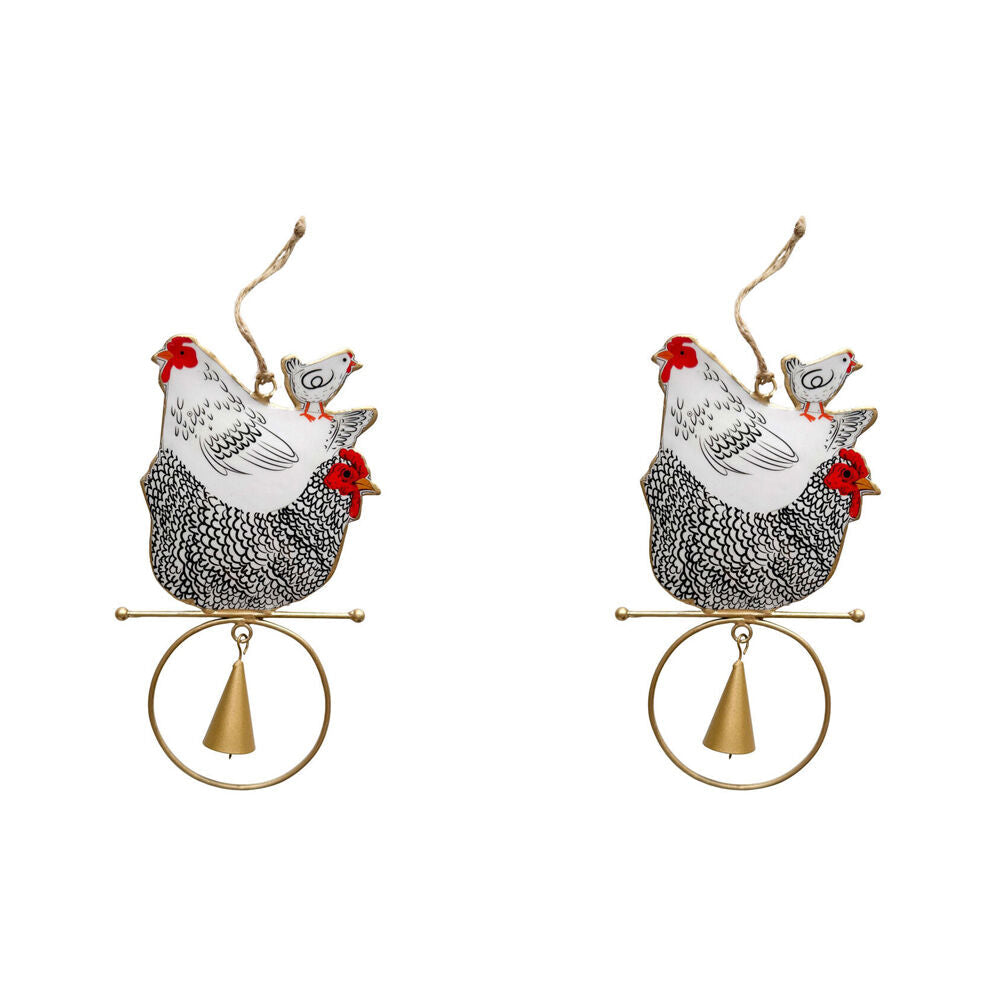 Urban Iron Chickens Hanging Bell Outdoor Garden Decor 18x12cm Black/White (2 Pack)