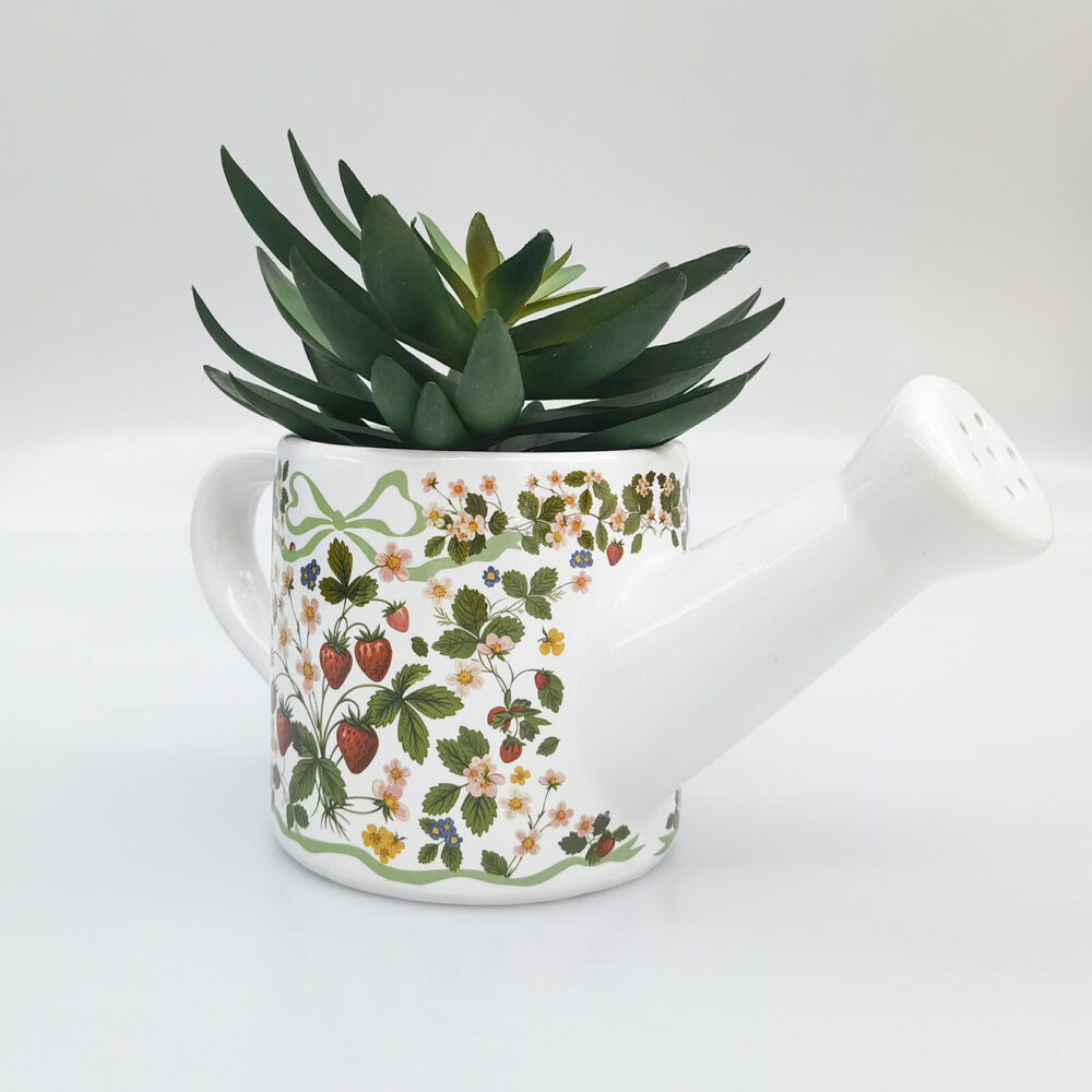Urban 13x25cm Green/Red Ceramic Strawberry Fields Watering Can Planter Pot — image 2