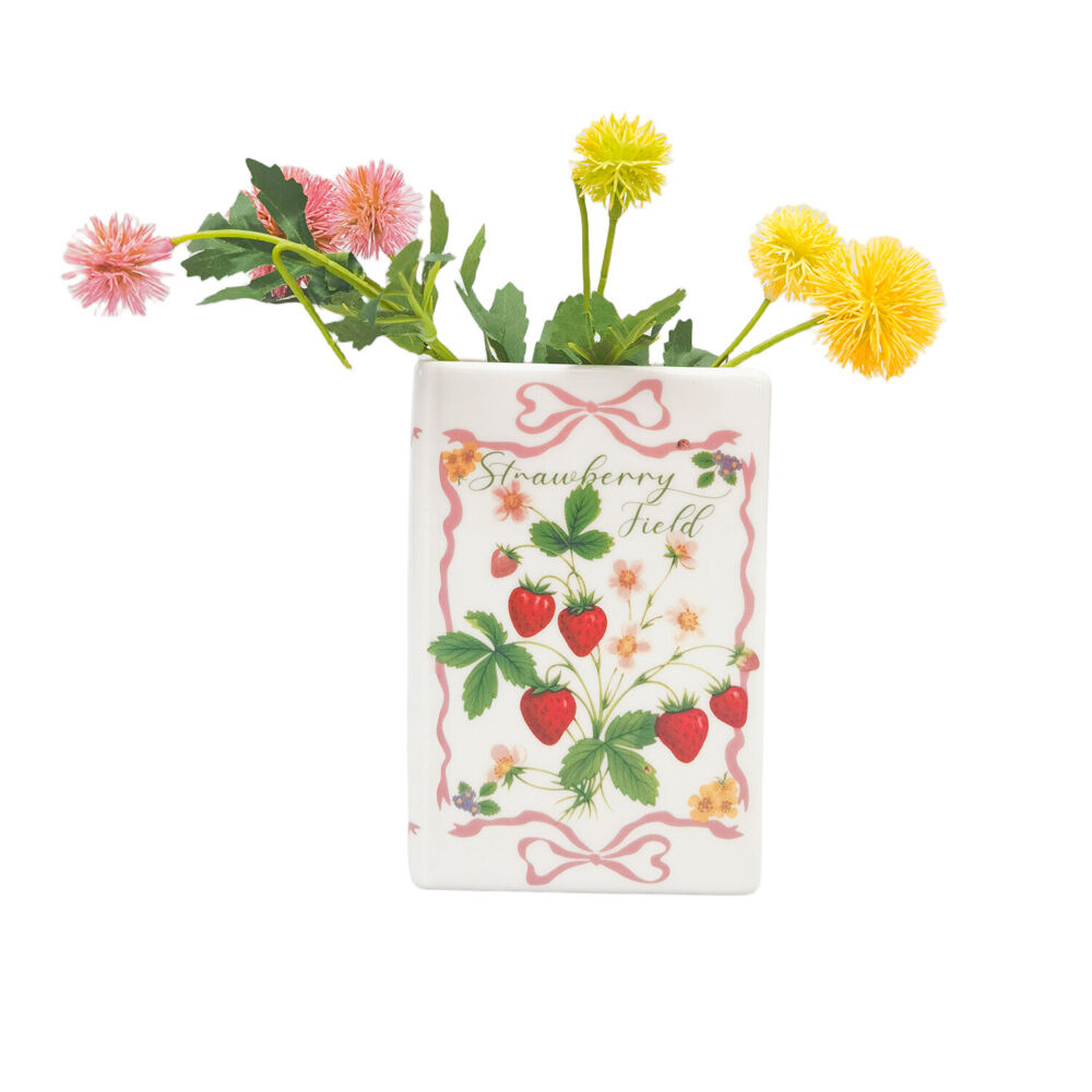 Urban 16x11cm Red/Green Ceramic Strawberry Fields Book Home Decor Flower Vase — image 2