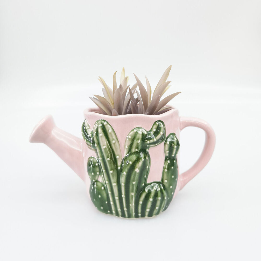 Urban 18x9cm Pink Ceramic Cactus Watering Can Outdoor Planter Pot — image 4