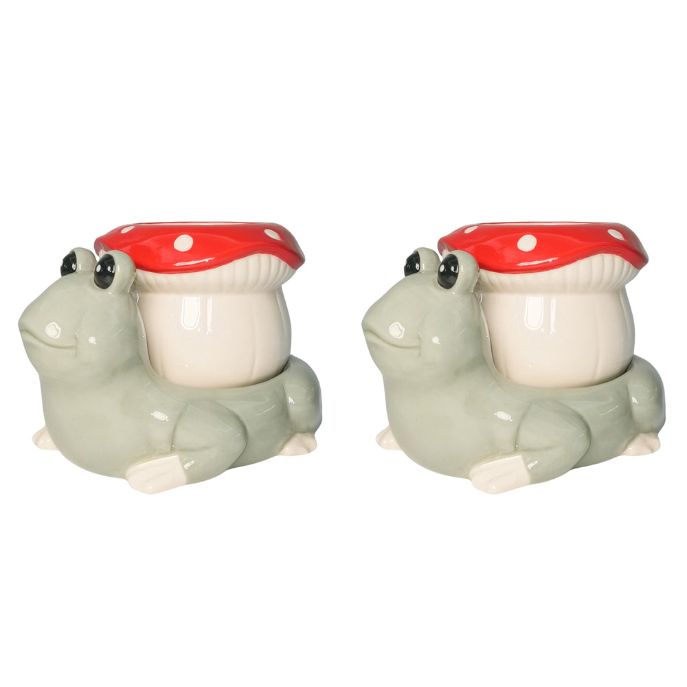 Urban Frog Toadstool Planter White Red 15cm Decorative Outdoor Garden Decor (2 Pack)