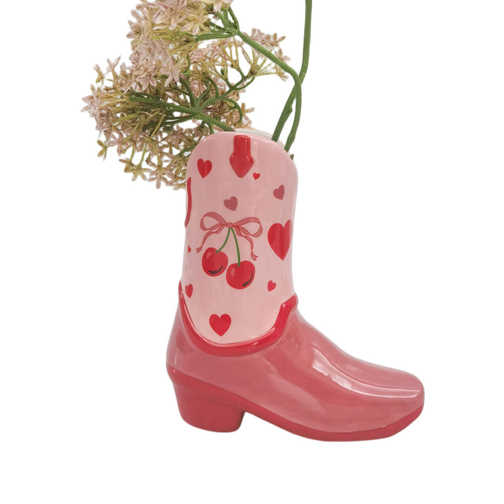 Urban 19x17cm Pink Ceramic Cowboy Boots Cherry Home Decor Flower Vase — image 3
