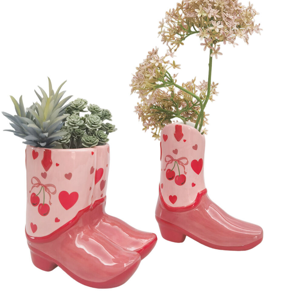 Urban Ceramic Cowboy Boots Cherry Home Decor Flower Vase 19x17cm Pink (2 Pack) — image 3