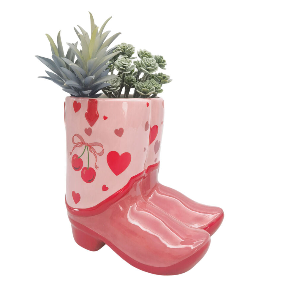 Urban 16x17cm Pink Ceramic Cowboy Boots Cherry Outdoor Planter Pot — image 3