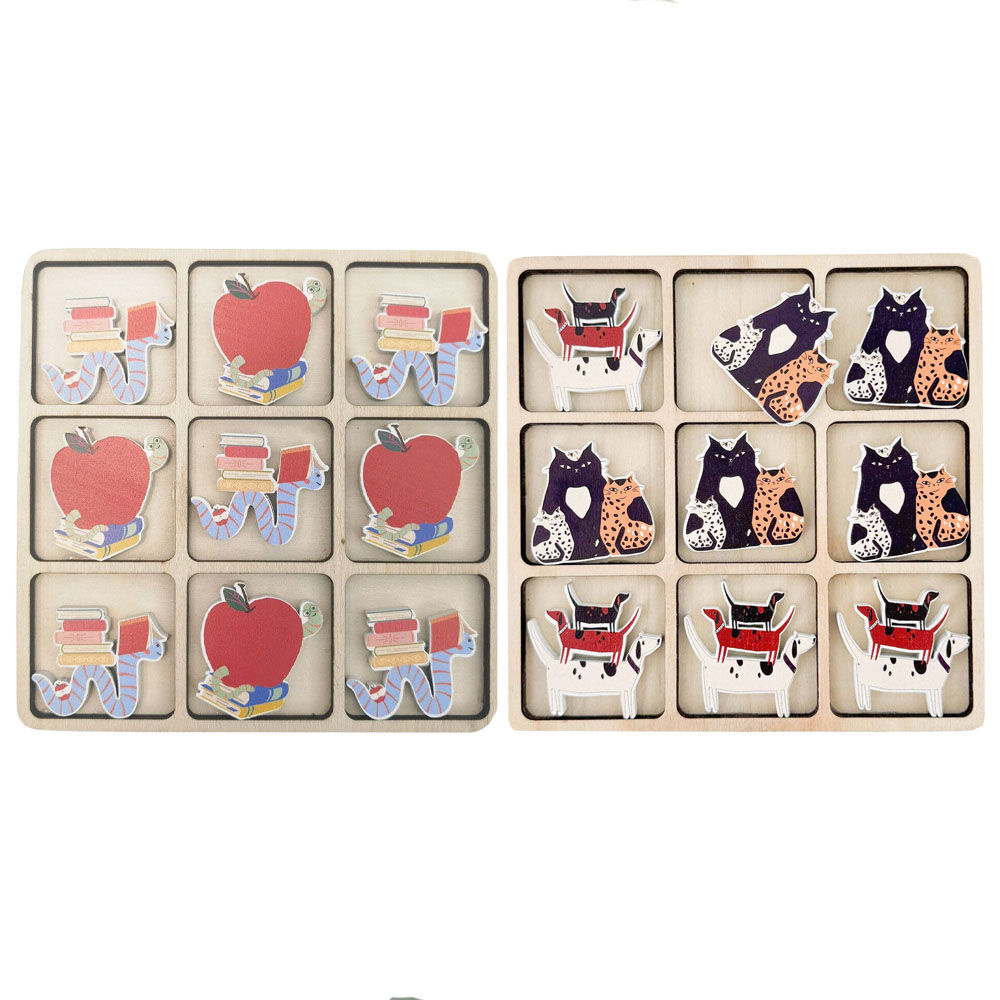 Urban Cat/Dog and Bookworm Tic Tac Toe Wooden Board Game Set 17cm (2 Pieces)