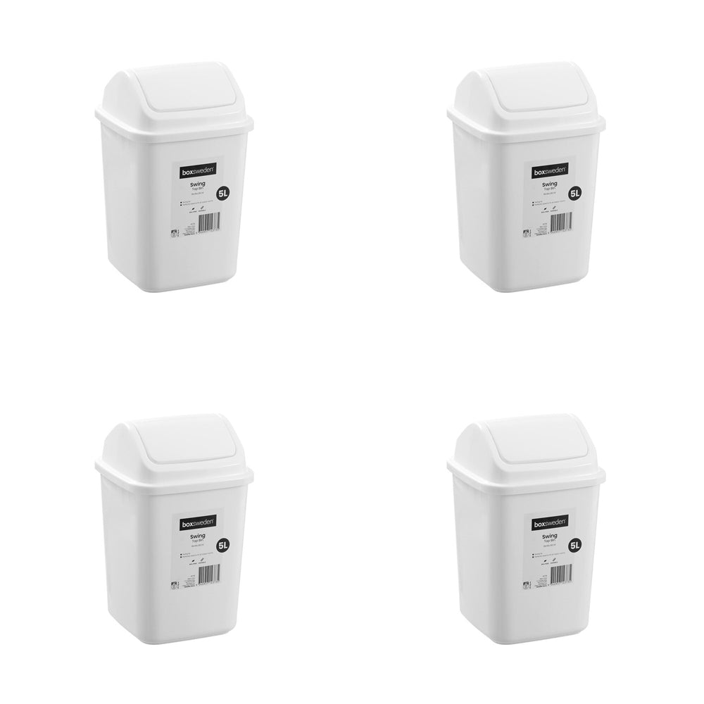 Boxsweden 5L/28cm Swing Top Bin Trash Garbage/Waste Storage Container White (4 Pack)