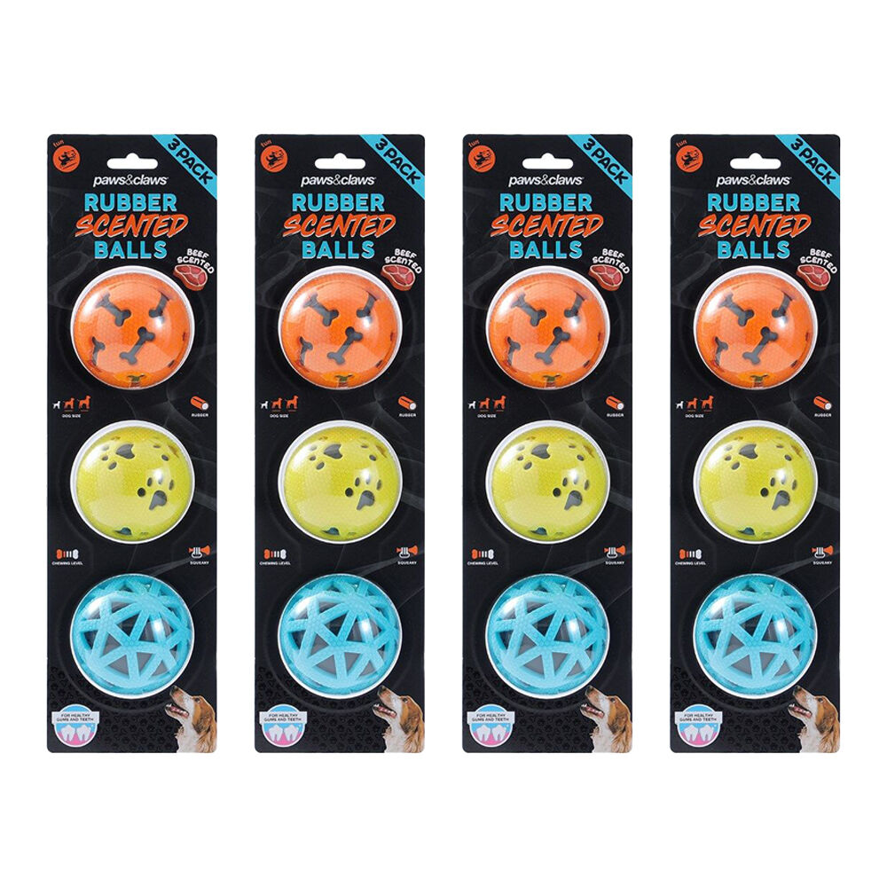 Paws and Claws 3pc Paws And Claws TPR Rubber Scented Beef Squeaky Dog Balls 7cm Assorted (4 Pack)